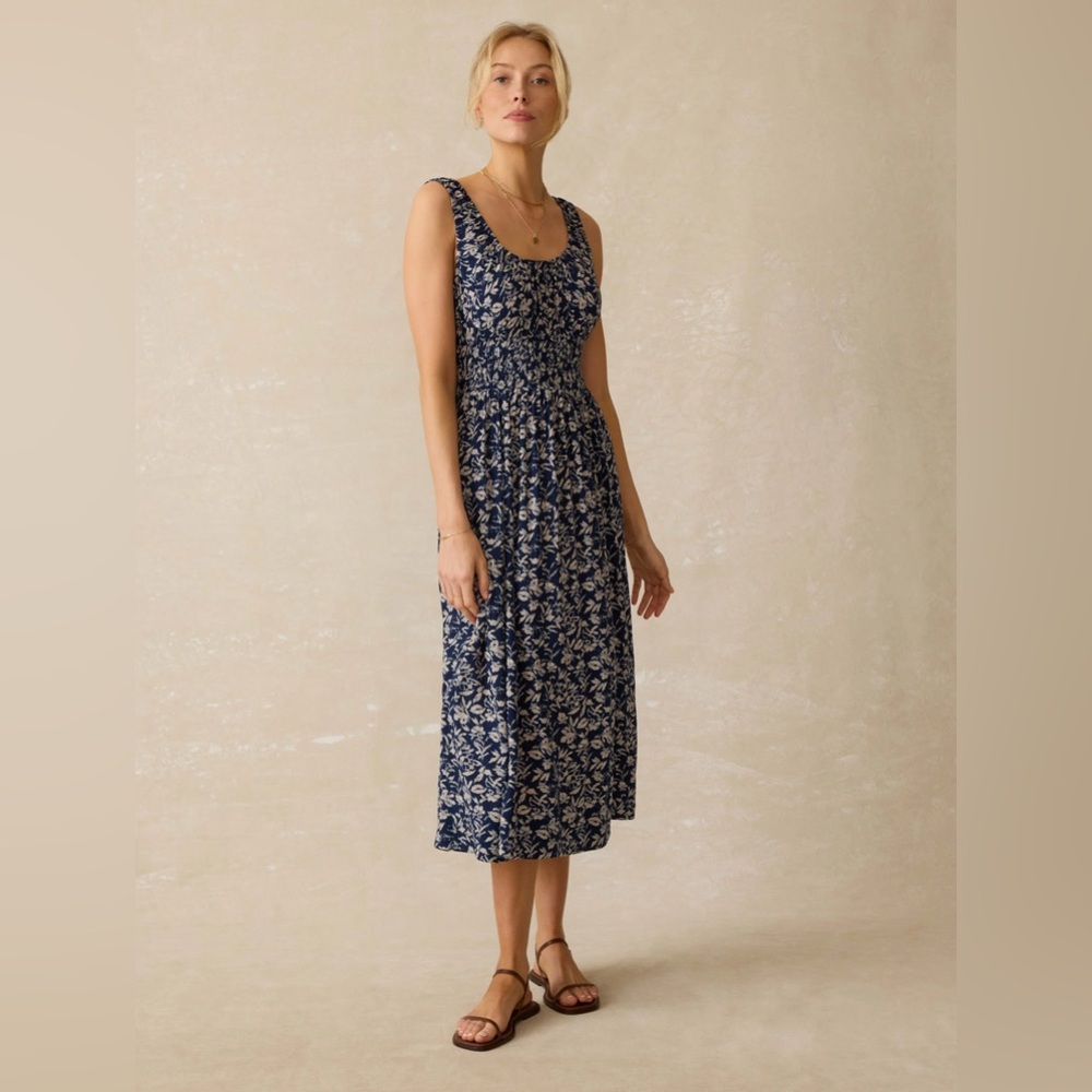Faherty Sunseeker Dress Juniper Ikat Floral Maxi Size M